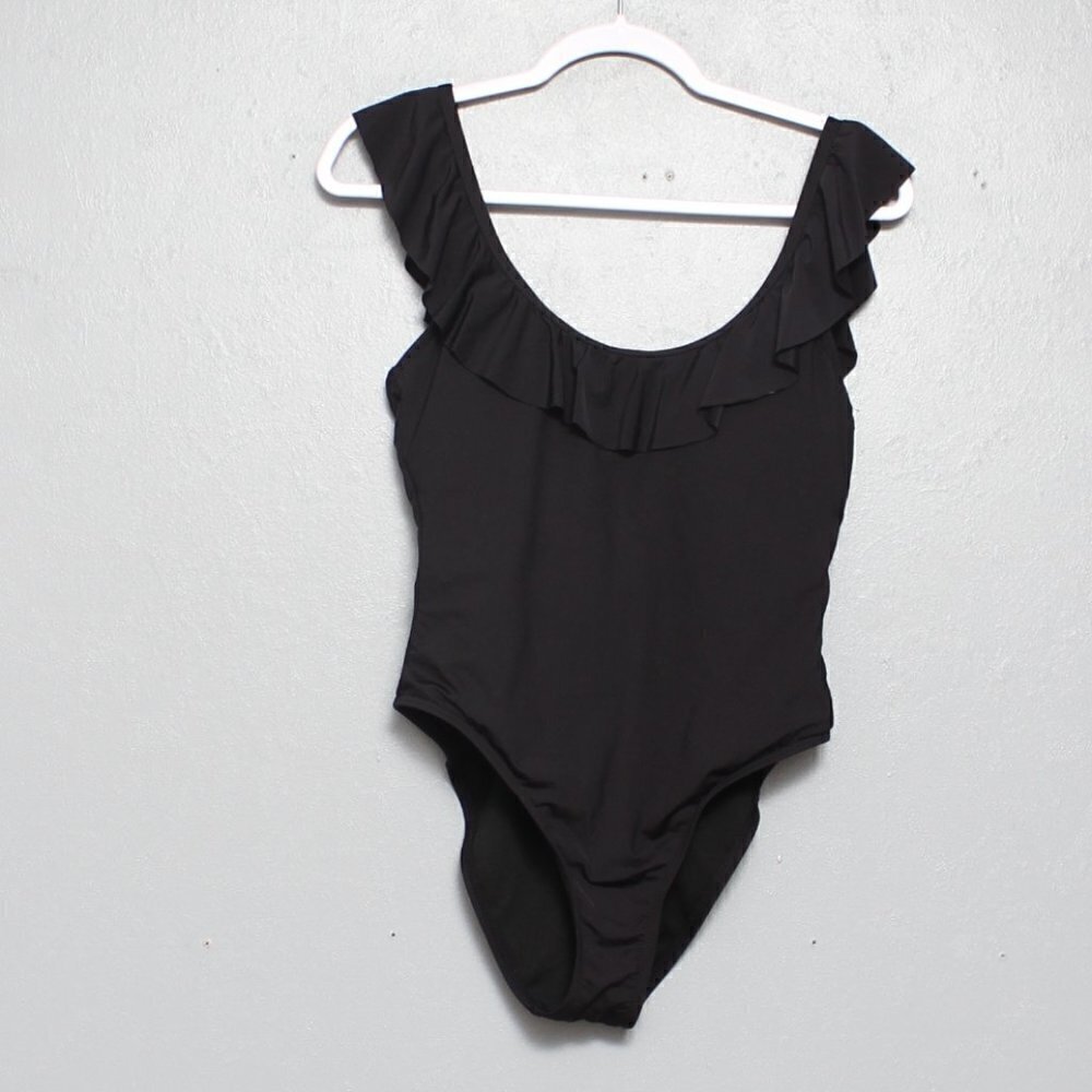 Reaction Kenneth Cole black ruffle low back one piece swimsuit